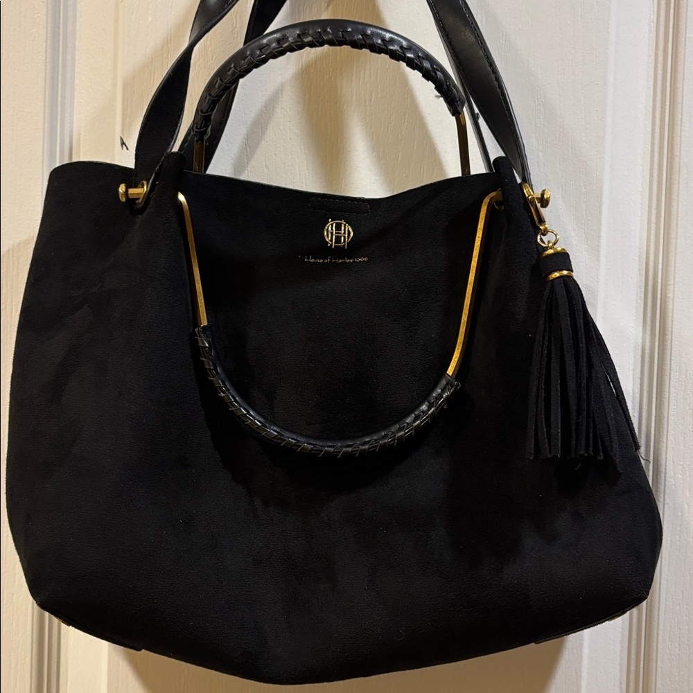 HOUSE OF HARLOW 1960 BLACK SUEDE BAG W/ SHOULDER STRAP GOLD/BRASS TONED HANDLE - Picture 2 of 16